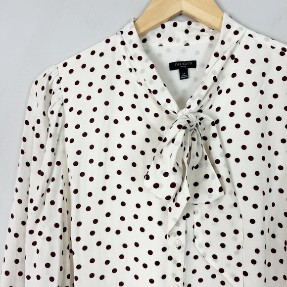 Talbots Button Front Top White Polka Dot Career Classic Size Petite Large Women' - Picture 2 of 4